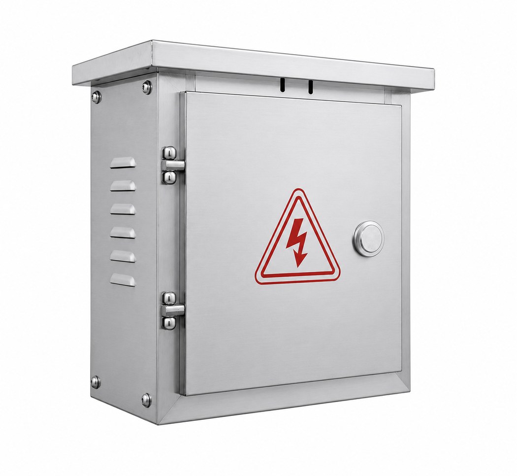 The control box from one side, showing its weatherproof casing.