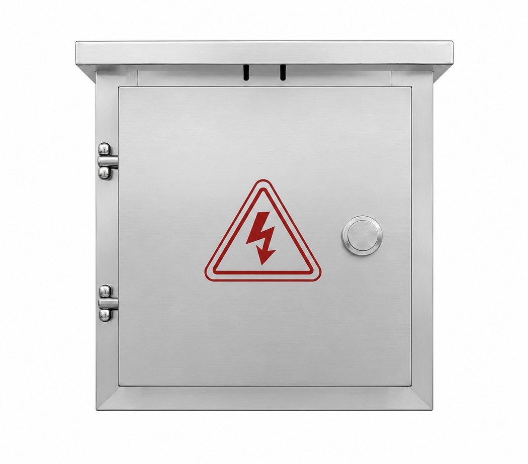 The stainless control box seen from the front.