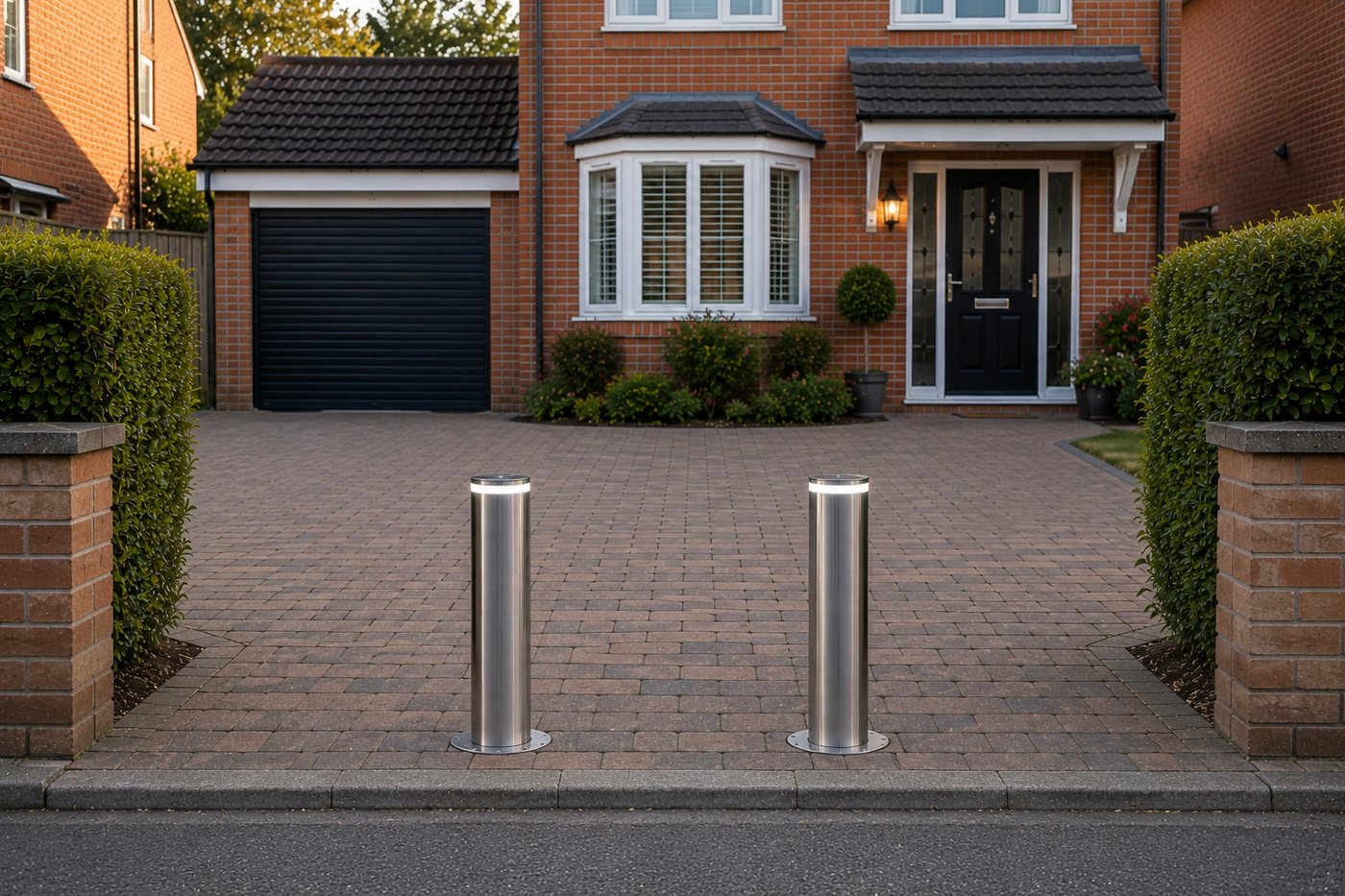A bollard standing in a block-paved driveway beside a brick pier.