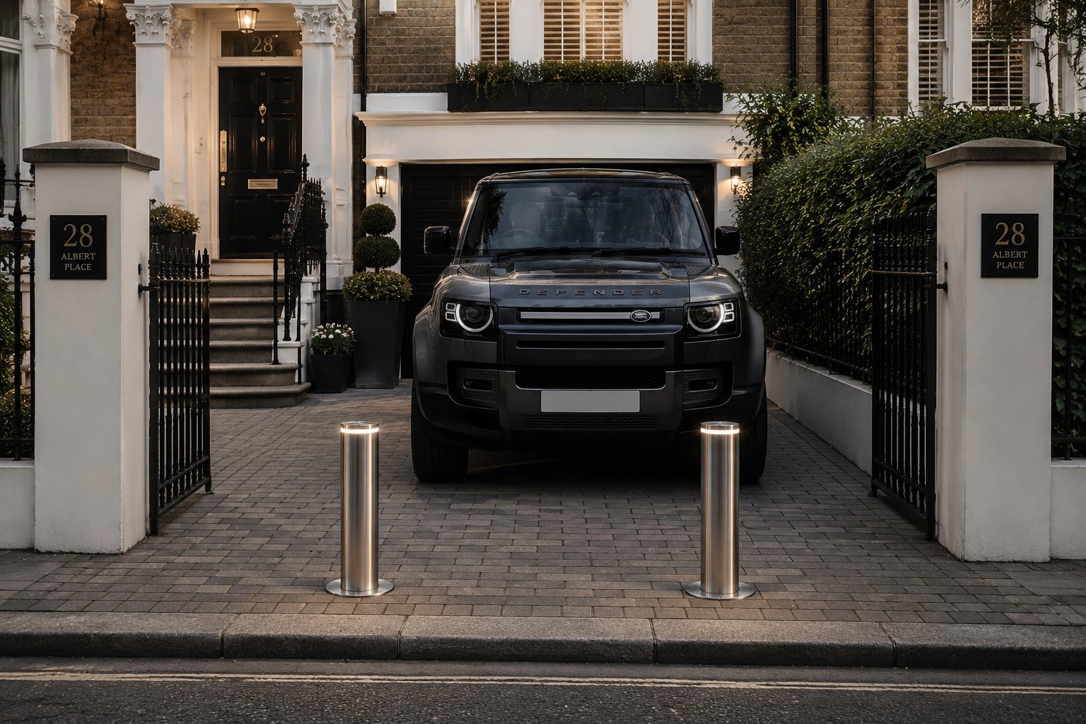 A raised bollard keeping a driveway clear in front of a parked four-wheel drive.