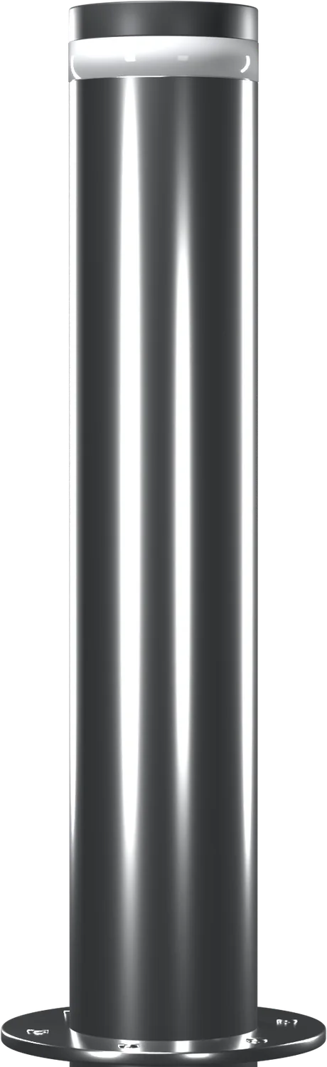A RiseGuard bollard at full height: a polished stainless post with a light ring below its dark cap, standing on a bolted base plate.