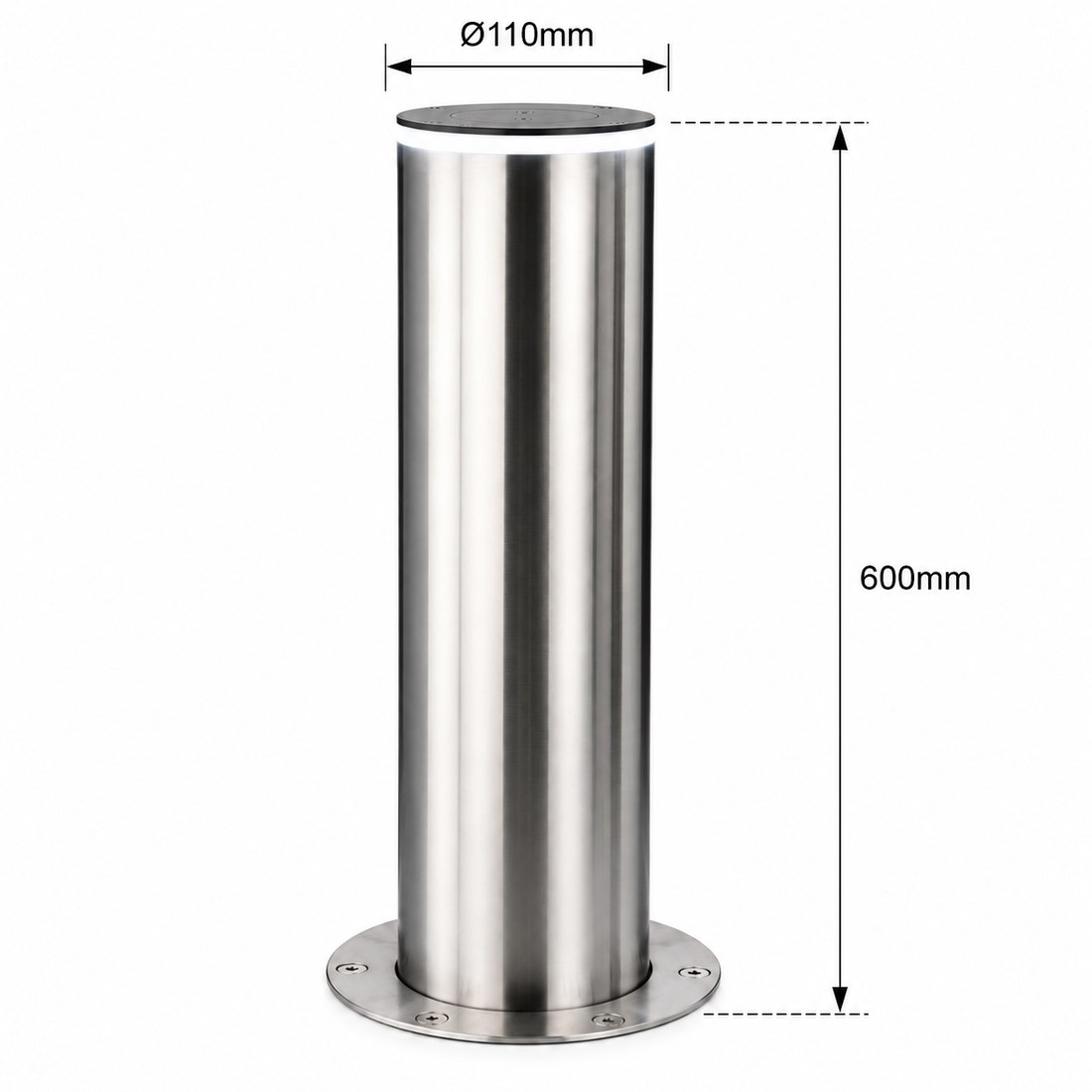 The maker's dimension drawing of the bollard, marked 600mm tall and 110mm in diameter.